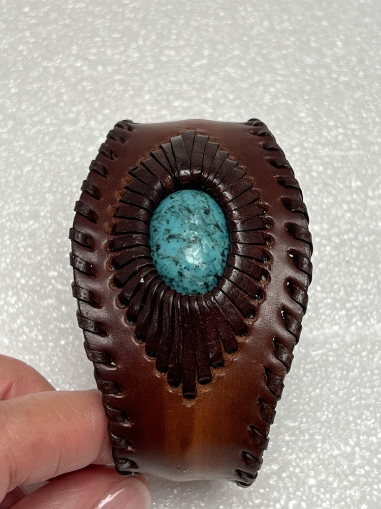 Vintage Leather Cuff Bracelet Blue Stone 3”