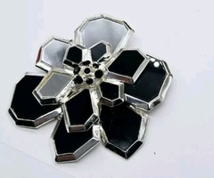 Modernist Flower Brooch Black & Silver Mirror 3.5 in HUGE Modern Floral