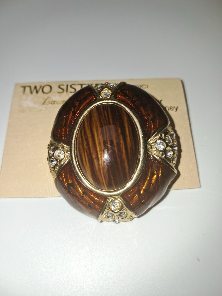 Vintage Two Sisters Medici Amber Tiger Eye Rhinestone Gold Tone Brooch Pin