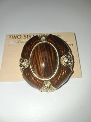 Vintage Two Sisters Medici Amber Tiger Eye Rhinestone Gold Tone Brooch Pin