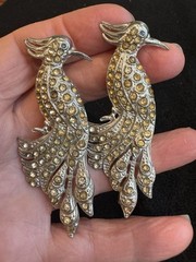 PAIR Antique Vtg Art Deco Rhinestone Peacock Bird Of Paradise Brooches 3”