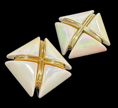 Vtg 1980s 1990s Chunky X Design White Gold Iridescent Statement Clip On Earrings
