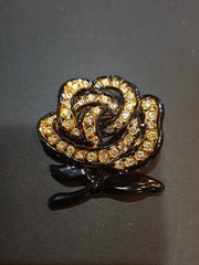 Vintage Rhinestone Flower Brooch Gold Black Enamel Flower Brooch Pin White Stone