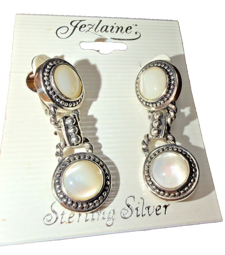 Vintage Jezlaine Sterling Silver 925 Mother of Pearl Drop Dangle Earrings NEW