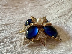 VTG Jomaz Gold Tone Oval Faux Lapis Stones And Pave Rhinestones Starburst Brooch