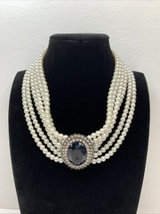 RDC Vintage Faux Pearl Blue Stone Pendant Choker Necklace Costume Jewelry
