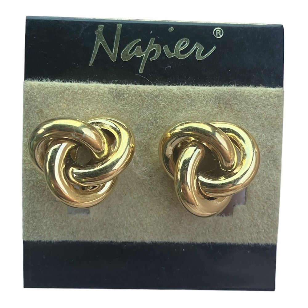 Napier Gold Tone Twisted Braided Knot Screw-Back Clip On Earrings Vintage Signed