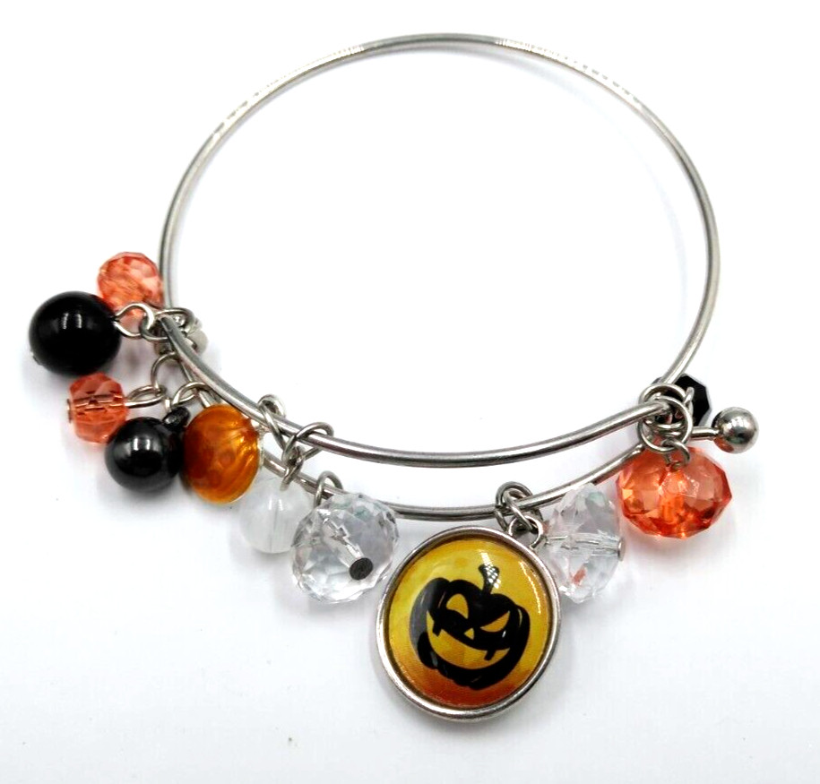 Halloween Jack O’Lantern Orange Crystal Beads Expandable Wire Bracelet Fit 7.5″