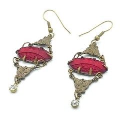 Vintage Signed GWS Glass Works Studio Victorian Copper Red Glass Earrings