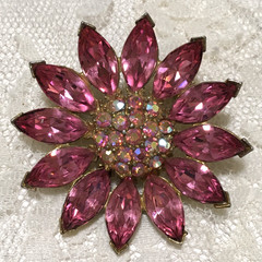 Vintage Pot Metal Brooch Gold Tone Pink Rhinestone Spring Jewelry