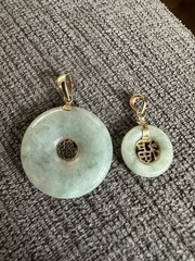 14K Gold Jade Good Luck/Happiness Pendant, Small 1/2” Diameter Bi Disc #2