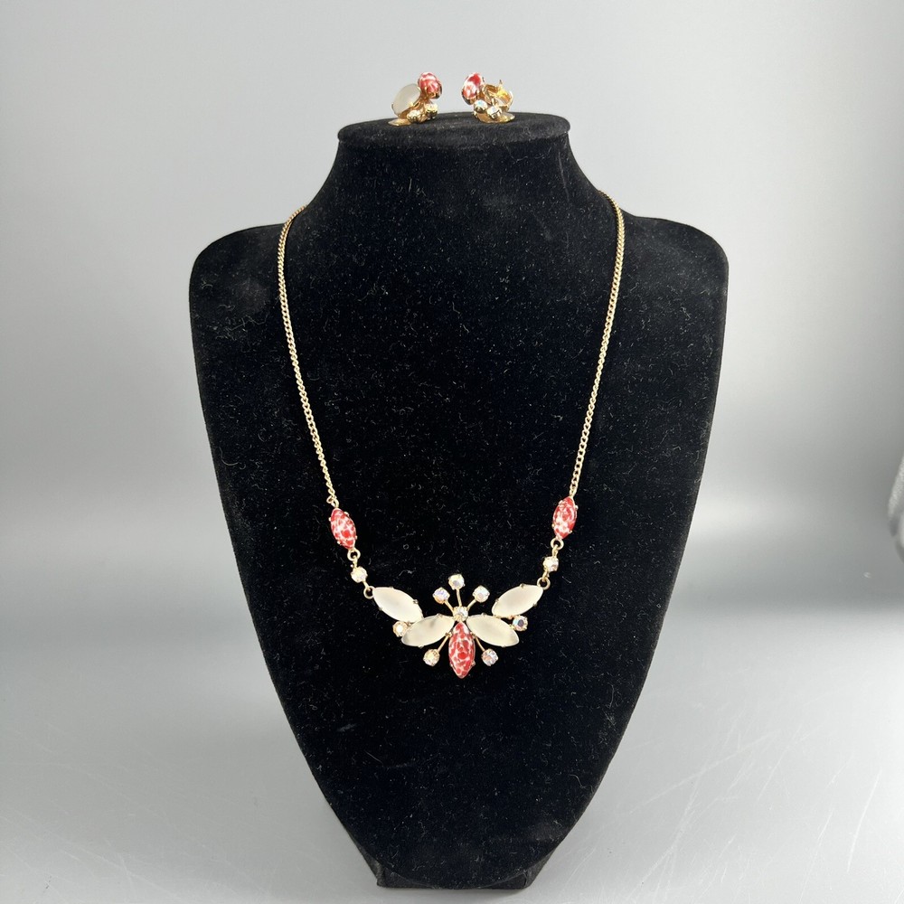 Vtg Rhinestone Marbled Opalescent Butterfly Collar Necklace & Earrings As Is