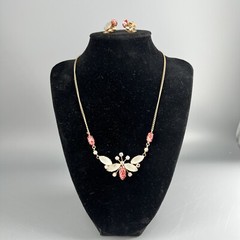 Vtg Rhinestone Marbled Opalescent Butterfly Collar Necklace & Earrings As Is