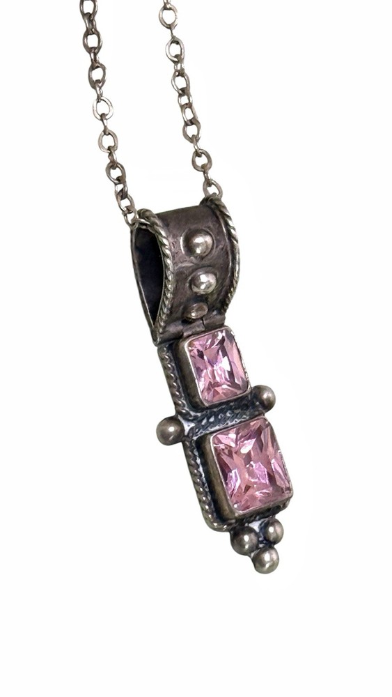 Vintage Sterling Silver 950 Pendant Necklace w/ Pink Czech Glass Stones, 20g