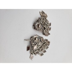 Silver tone diamond shape metal clip on dangle drop earrings 1 3/4″