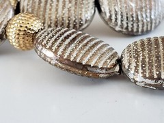 Vintage Oval Ribbed Flat Bead Frosted Silver & Gold Tone Necklace Sterling Clasp