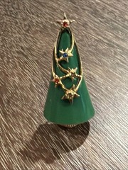 ARTHUR PEPPER ART MCM CHRISTMAS TREE GREEN ENAMEL STAR RHINESTONES 2″ BROOCH PIN