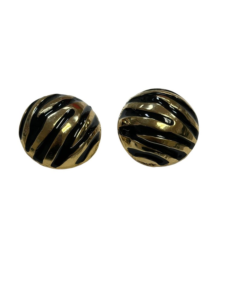 Vintage Clip On Earrings Chunky Tiger Stripe Gold Domed Round Heavy Metal