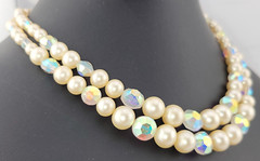 Vintage Marvella Signed 2 Strand Lucite Pearl AB Crystal Waterfall Necklace 16″