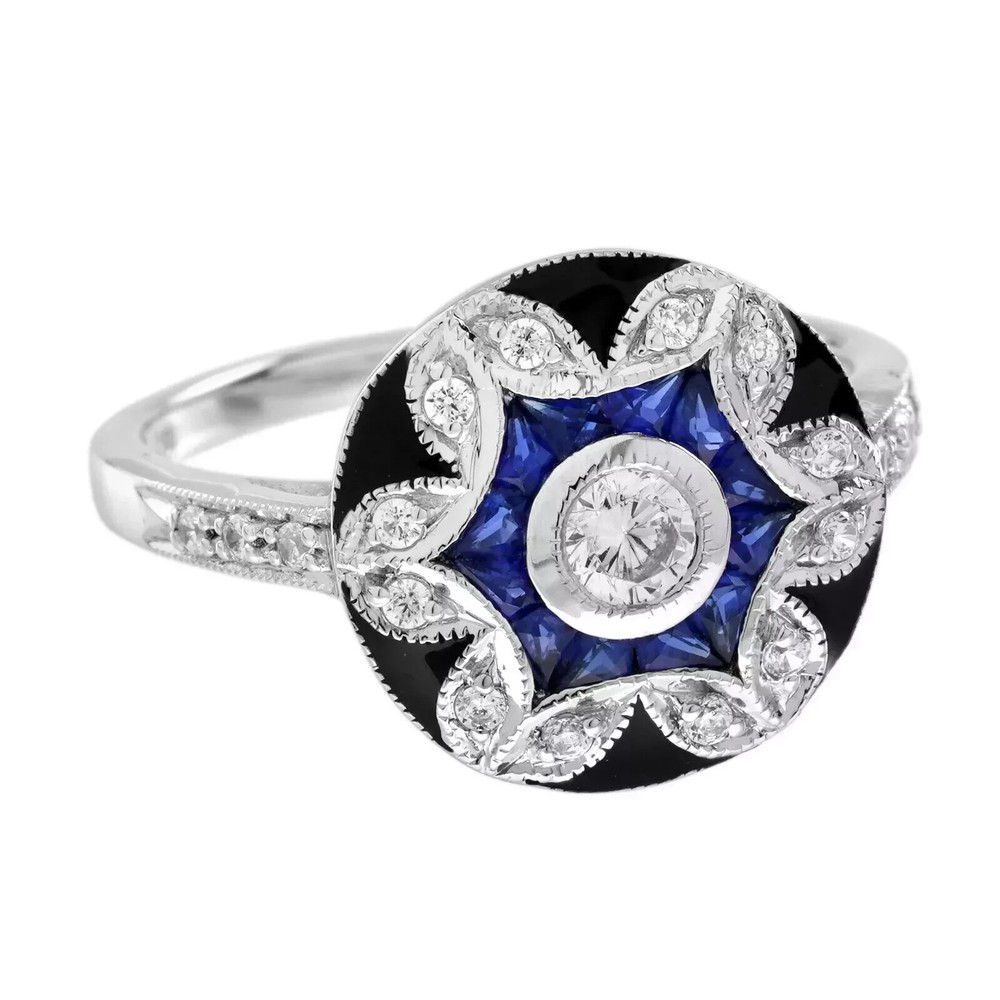 Art Deco Style Lab Created Diamond & Sapphire Wedding Ring 14K White Gold Finish
