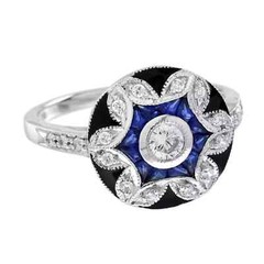 Art Deco Style Lab Created Diamond & Sapphire Wedding Ring 14K White Gold Finish