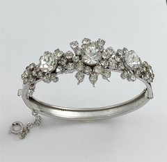 Vintage 1950’s Hinged Cuff Silver Tone Clear Rhinestones Floral Bracelet medium