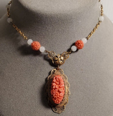 VTG ART DECO Coral Molded Glass Floral Necklace 1930s Glass & Brass 18″ Necklace