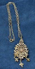 Vintage 60s Hollycraft Ornate Rhinestone Necklace Pendant Yellow Brown Gold Tone