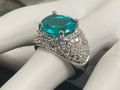 925 Sterling Silver vintage cocktail ring .5” aquamarine Ring 8 ornate MCM domed