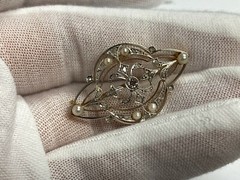 18k Gold Antique Pre-1870 European Rose Cut Diamond & Pearl Brooch, DS Lavender