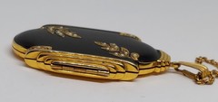 Large GF art deco black enamel Photo Locket Pendant Gold Filled Chain VTG Evans