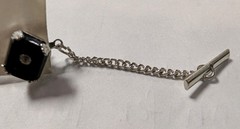 Vintage Men’s Hexagon Black Onyx Tie Tack w/ Chain & 1 Diamond, Silver