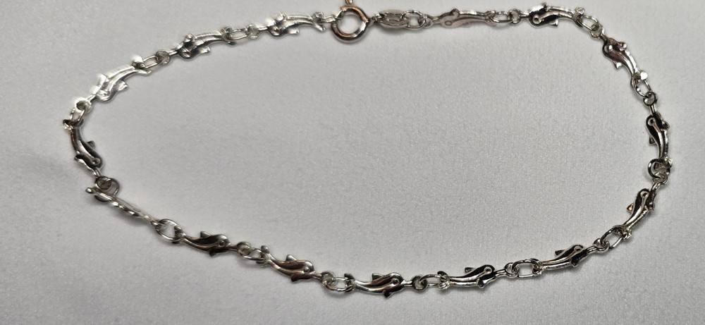 Vintage 925 Italy Sterling Silver Dolphin Link Bracelet/Anklet 8.5″