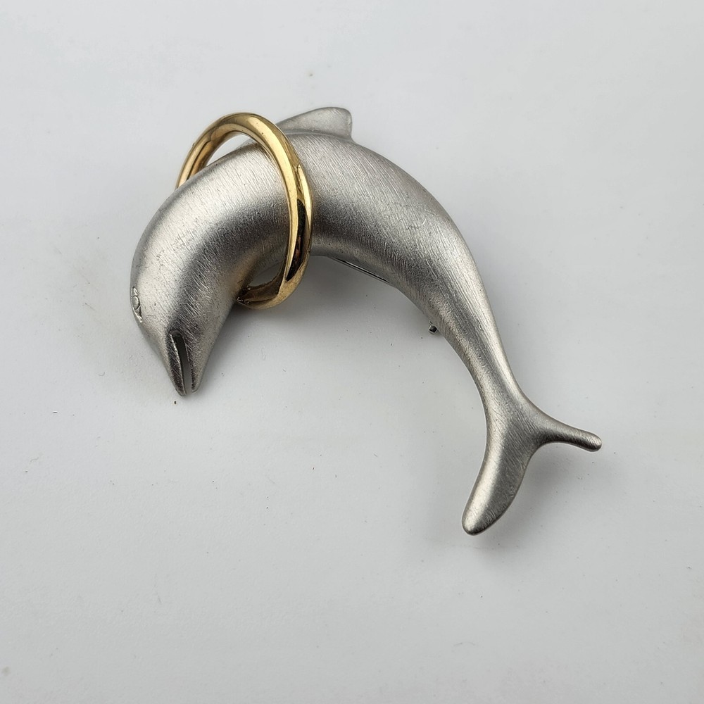 Silver Gold Dolphin Brooch Brushed Vintage Signed Lady Remington LR 1970s