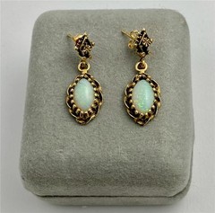 1960’s Natural Vintage Natural Oval Opal Cabochon 14K Gold Drop Dangle Earrings