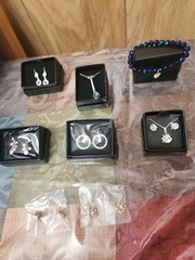 New AVON Pierced Earrings, Necklaces Bracelet w/ Heart Rhinestone Charm Lot Of 9