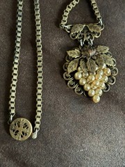 Rolled Gold Antique Grape Bunch Leaf Pendant Necklace Ornate Slide Clasp 1900s
