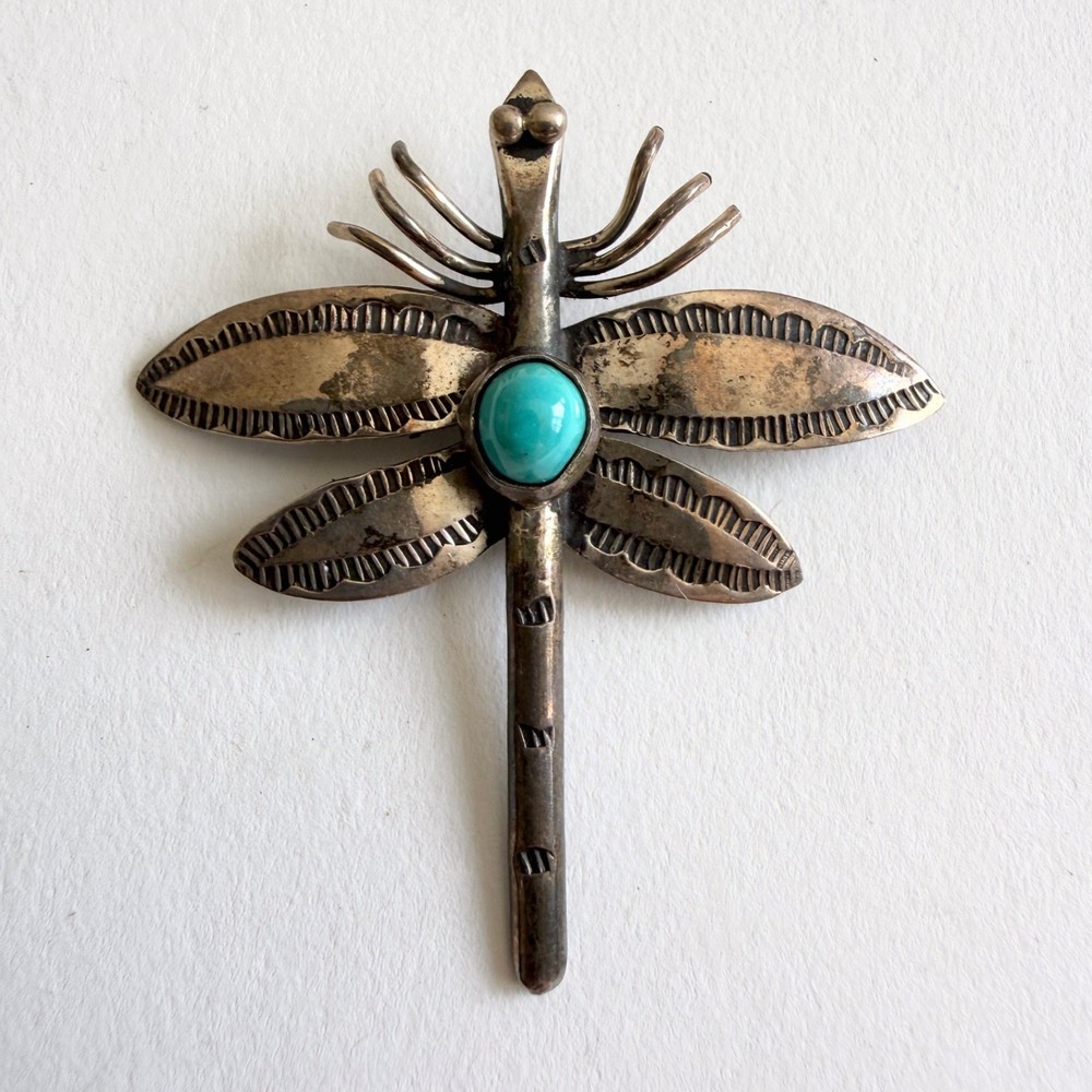 Vintage Southwestern Dragonfly Brooch Turquoise Sterling Silver Pin