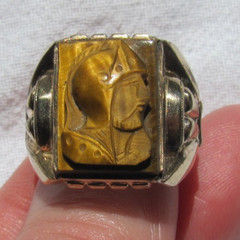 Vintage Carved Tiger’s Eye Roman Soldier Warrior Cameo 12K GF Ring Size 11