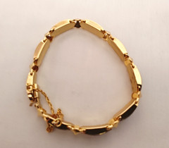 Vintage Spanish Style Damascene Black & Gold Tone Link Bracelet w/ Safety Chain