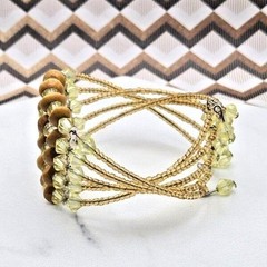 Vintage 70s Wood Yellow Bicone and Seed Bead Flexible Twisted Cuff Bracelet