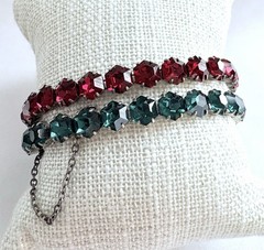 2 Sterling Silver ART DECO Christmas Red Green Hexagon Rhinestone Bracelets Sz S