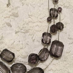 Vintage Silver Tone Smokey Purple Gray Bead 3 Strand Necklace Layered Statement
