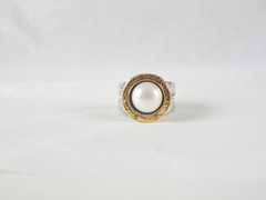 Modernist Sterling Silver 925 w 14K Gold Chunky Pearl Ring FITS Size 6.5
