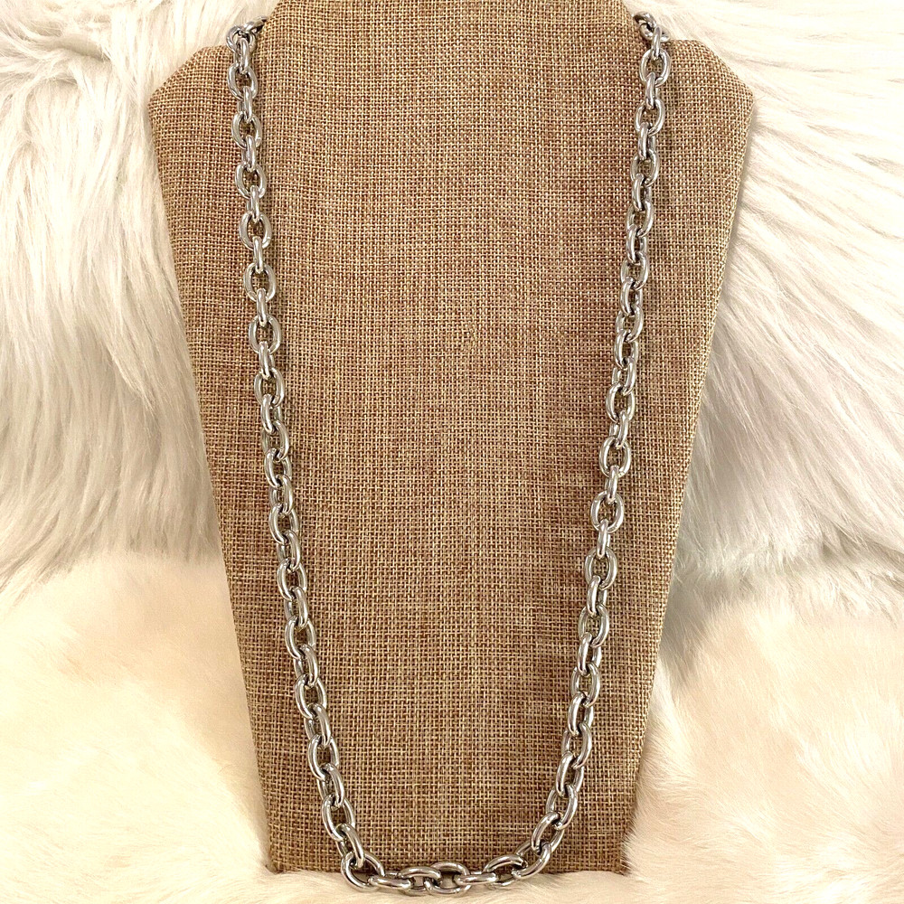 Vtg Grunge Necklace Silver Metal Chain Link Germany Long Hip Hop Statement 6484
