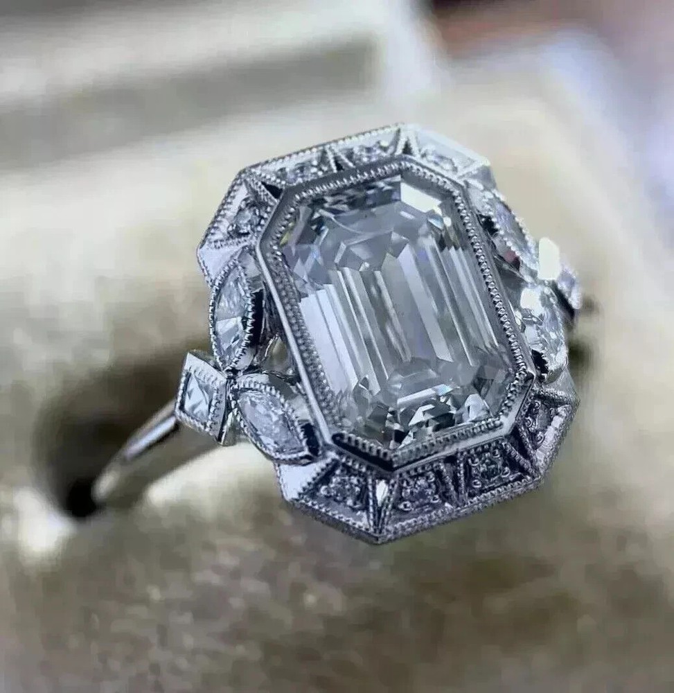 3.00Ct Art Deco Style Emerald Lab Created Diamond Wedding 14K White Gold FN Ring