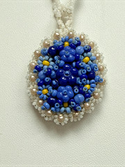 Vintage Hand Beaded Floral Cluster Pendant Necklace Blue & White Glass Seed Bead
