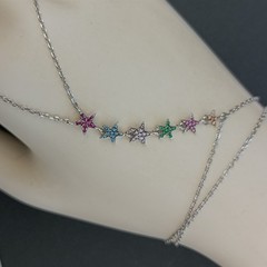 Hand Chain Bracelet Sterling Silver Slave Bracelet Ring Connected Stars Crystals