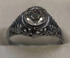 Antique / Vintage Art Deco Filigree Ring Clear Glass Stone Size 6.5 Silver Tone