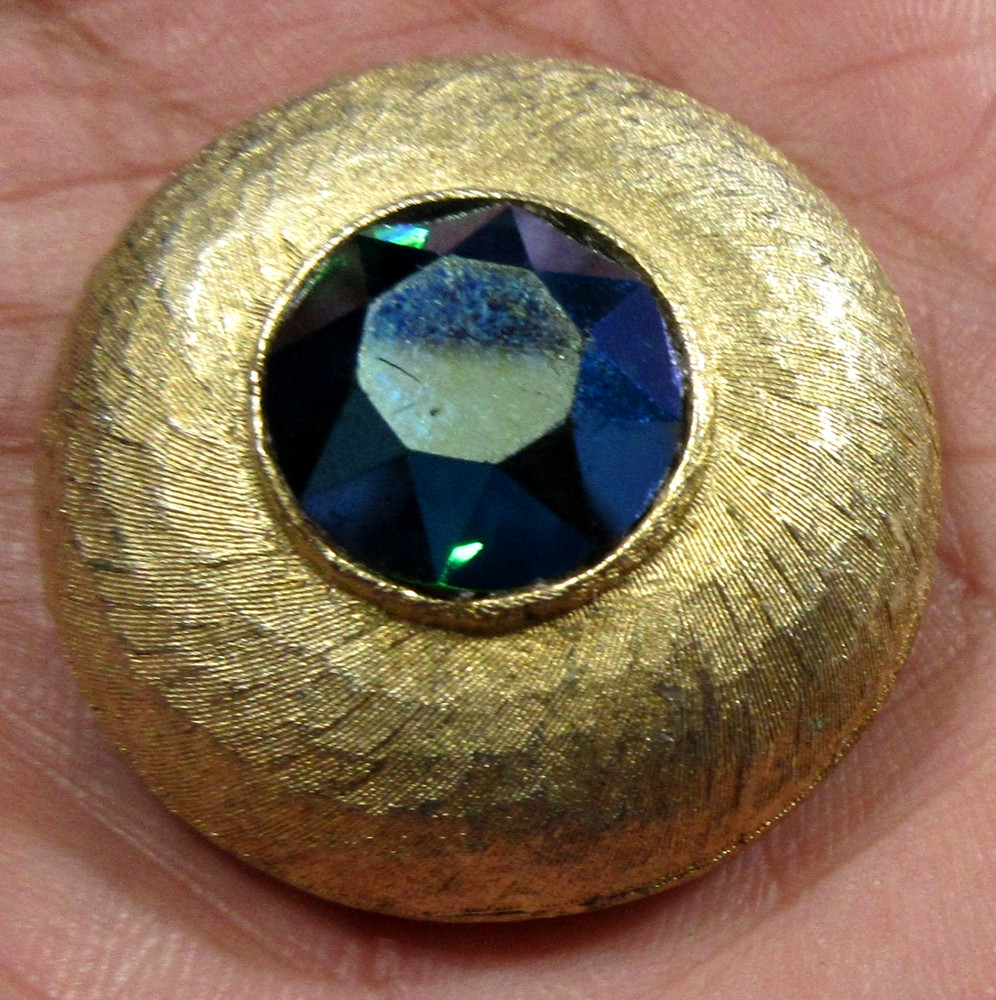 VTG 1.25″ Geometric domed type Brooch Pin blue glass textured Gold tone metal
